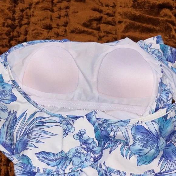 Caribbean Joe White One-Shoulder One-Piece Swimsuit with Blue Floral Print - Picture 2 of 5